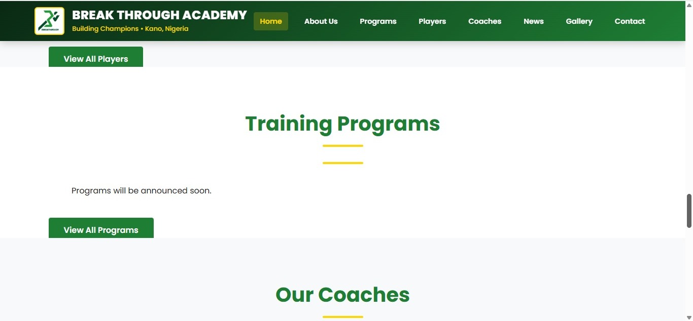 Mockup for Breakthrough Football Academy CMS Platform